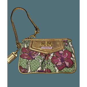 Coach Y2K Metallic Gold Trim Texured Canvas Floral Purple Green Top Zip Wristlet